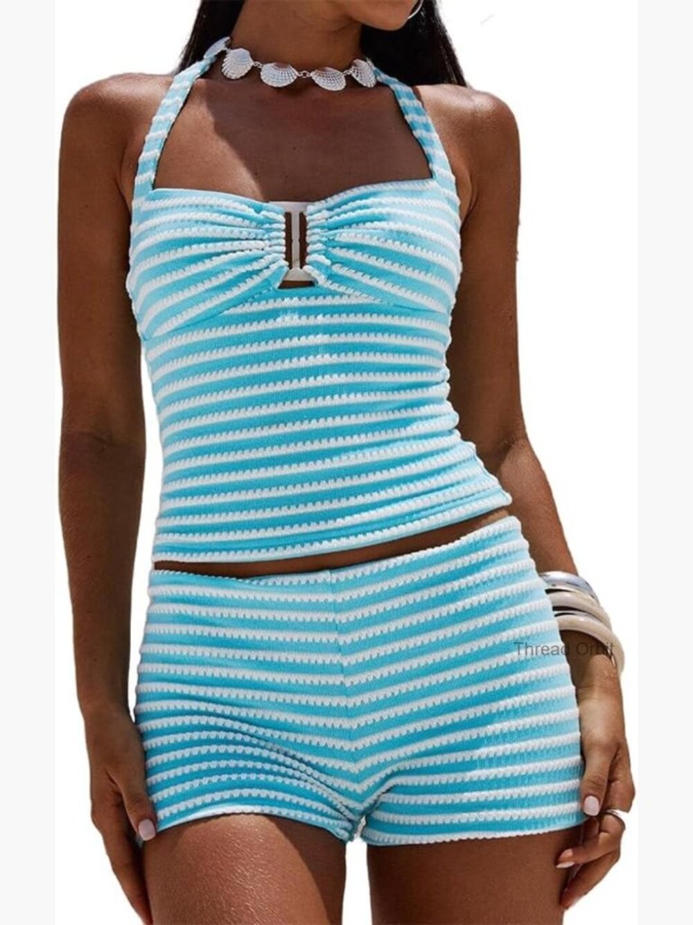 Slim Fit Knit Lounge Set See Through Stripe Top High Waist Shorts